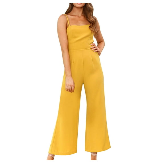 Caywon Fashion Womens Summer Solid Color Romper with Sleeveless Design Belted High Waist Long Pants Casual Comfortable Fit Yellow L