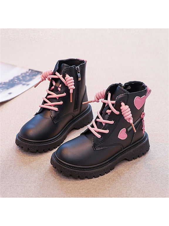 Girls' Boots, Faux Leather Side Zipper Ankle Booties with Heart Detail and Chunky Sole, Lace Up Round Toe Water Resistant for Fall Winter School Daily Wear