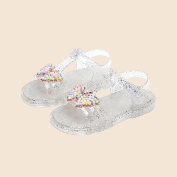 Caywon Girls Bow Jelly Sandals, Candy Beads Glitter T-Strap Buckle Shoes, Flat Open Toe Summer Beach Footwear, Lightweight Waterproof Sandalias de Gelatina Niñas