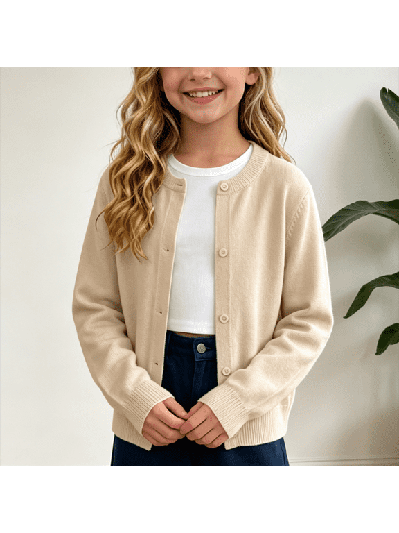 Girls' Crew Neck Button-Up Cardigan Sweater with Ribbed Cuffs, Airy Knit Top for Spring and Fall School Wear