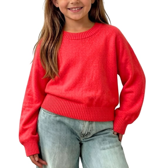 Caywon Girls Kids Round Neck Knit Sweater, Long Sleeve Pullover Top ...