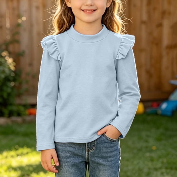 Caywon Girls Long Sleeve Round Neck Blouse, Ruffle Shoulder Pullover ...