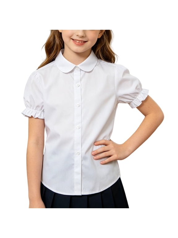 Girls' Round Collar Button-Up Shirt with Puff Sleeves and Ruffle Cuffs, British Preppy Style School Uniform Top for Summer Vacation and Holiday excursions