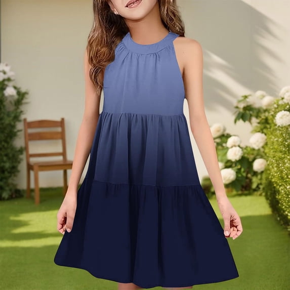 Caywon Girls Tie-neck Neck Tiered Gradient Dress with Gathered Detail and Loose Cut, Sleeveless Summer Casual Sundress for Vacation and Everyday Trips