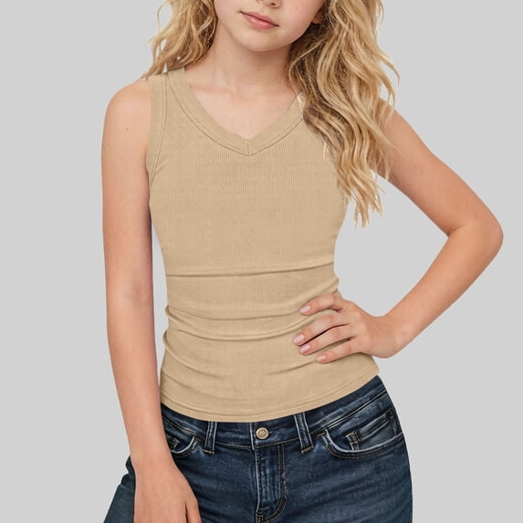 Caywon Girls V-Neck Sleeveless Ribbed Tank Top Slim cut Stretch Casual Summer Base Layer Shirt for Daily Wear