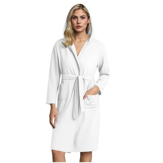 Caywon Hooded Bathrobe Robe Women's Long Sleeve Solid Color Pocket Belted Bathrobe Pajama Set Hooded Design for Post Bath and Casual