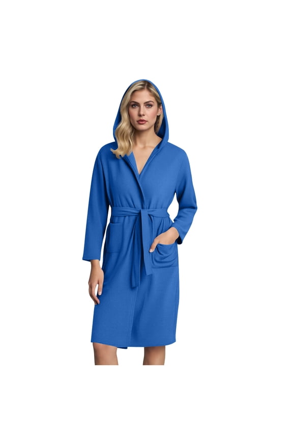 Hooded Bathrobe Robe Women's Long Sleeve Solid Color Pocket Belted Bathrobe Pajama Set Hooded Design for Post Bath and Casual