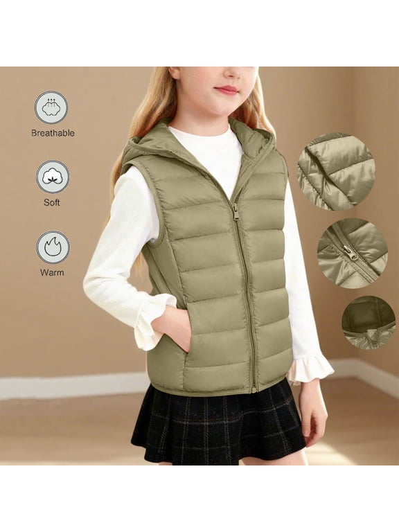 Hooded Zip-Up Quilted Puffer Vest with Pockets for Kids, Warm Sleeveless Outerwear with DBasestring Hood for Fall Winter Outdoor Wear