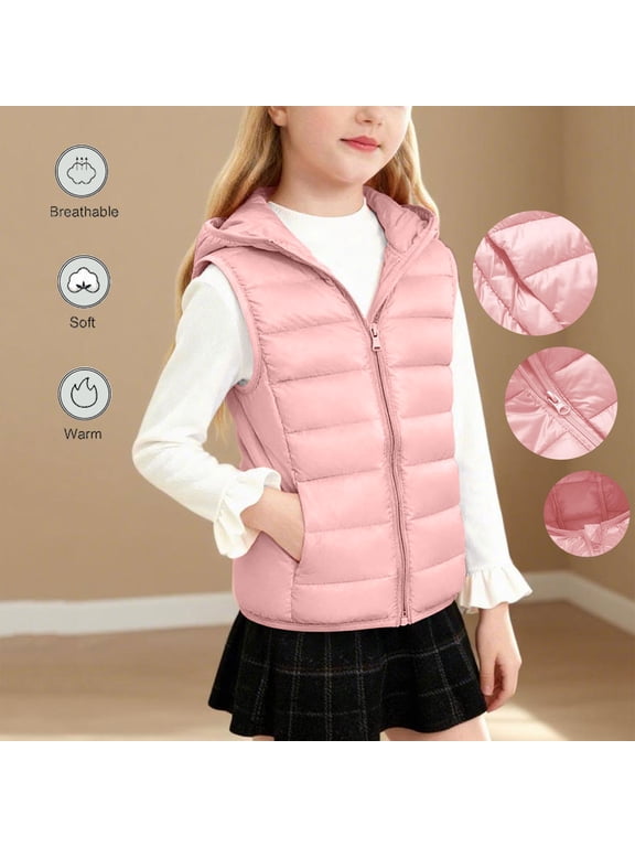 Hooded Zip-Up Quilted Puffer Vest with Pockets for Kids, Warm Sleeveless Outerwear with DBasestring Hood for Fall Winter Outdoor Wear