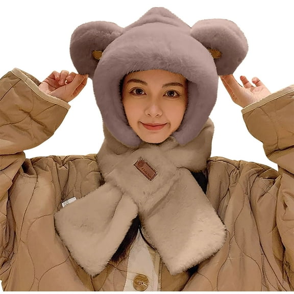 Caywon Integrated Ear Protection Windproof Scarf Thickened Hat Scarf Solid Color Warm Hat Scarf Set Warm Cozy Soft Cold Weather Accessory Ear Covering Design