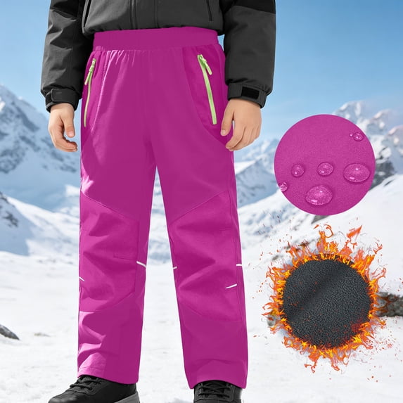 Caywon Kids Waterproof Fleece-Lined Outdoor Pants with Zippered Pockets and Colorblock Detail, Sturdy Warm Winter Snow Gear for Skiing and Hiking