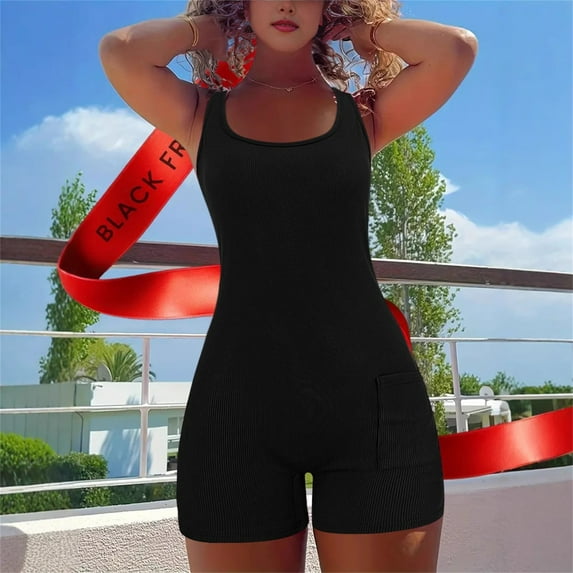 Caywon Ladies Casual Style Sexy Sports Inspired Tight Fit Solid Color Shoulder Strap Round Neck Pocket Detail Jumpsuit Shorts One Piece Romper Comfortable Black S