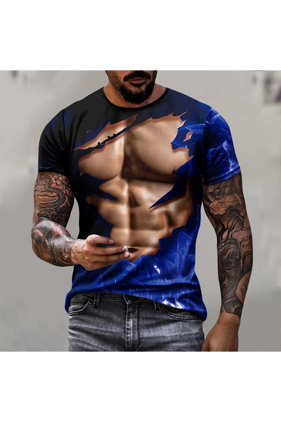 Men's 3D Digital Print Short Sleeve T-Shirt Ripped Muscle Torso Graphic Round Neck Casual Novelty Tee Camiseta Estampada para Hombre