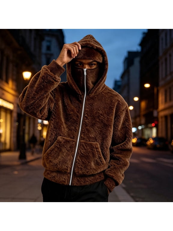 Men's Balaclava Hoodie Fleece Lined Zip Up Hooded Sweatshirt with Built-in Face Mask Warm Winter Jacket for Cold Weather
