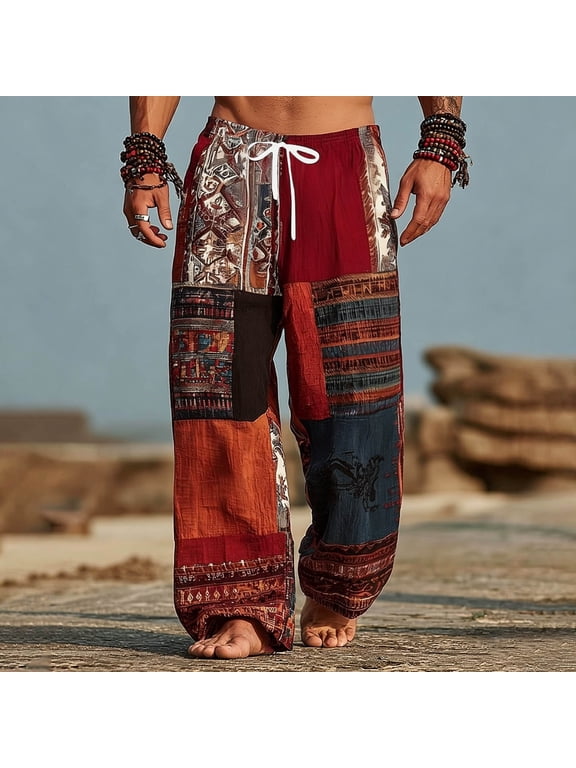 Men's Boho Ethnic Print Pants with Drawstring Waist and Pockets, Loose Fit Patchwork Trousers for Summer Vacation and Beach Daily Wear