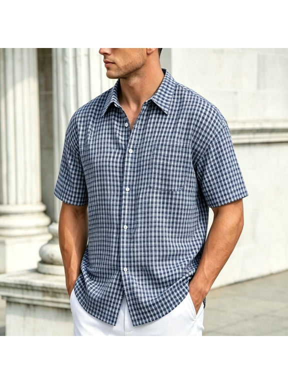Men's Button-Up Shirts, Gingham Plaid Short Sleeve Collared Button Front with Pocket, Loose Fit Casual Summer Beach Daily Wear for Men