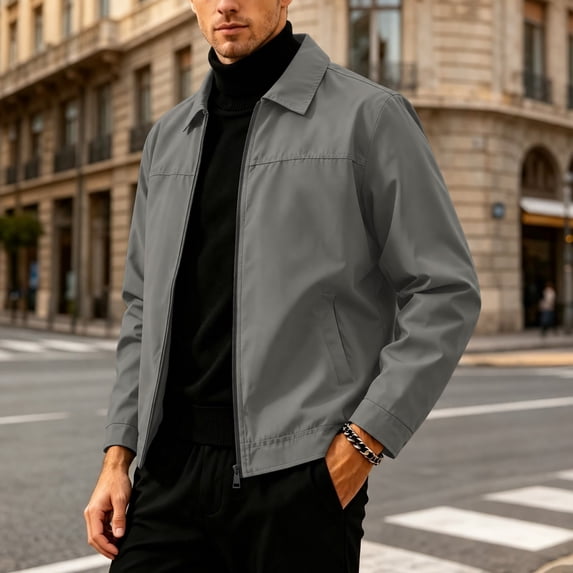 Caywon Men's Casual Zip Up Jacket Turn Down Collar Long Sleeve Lined Outerwear with Side Pockets for Work Travel Everyday Wear