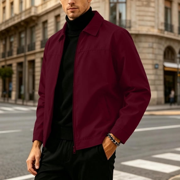 Caywon Men's Casual Zip Up Jacket Turn Down Collar Long Sleeve Lined Outerwear with Side Pockets for Work Travel Everyday Wear
