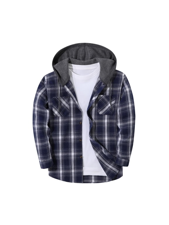 Men's Flannel Hoodie Shirt Button Down Plaid Shirt Jacket Long Sleeve Hooded Shacket with Pockets