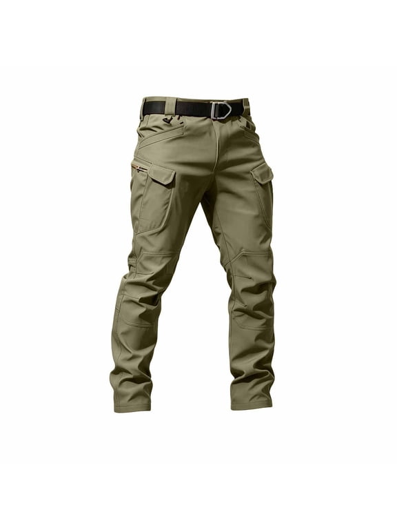 Men's Fleece Lined Cargo Pants with Belt and Flap Pockets, Water Resistant Ripstop Work Trousers for Fall and Winter Outdoor Activities