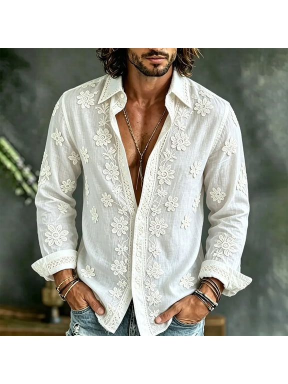 Men's Floral Embroidered Button Down Shirt with Collared Neck and Long Sleeves, Boho Casual Top for Vacation Party and Daily Wear
