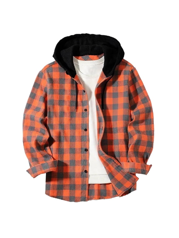 Men's Hooded Buffalo Plaid Button Down Shirt, Long Sleeve Casual Flannel Jacket, Relaxed Fit Hoodie Shirt for Fall, Vacation, and Everyday Wear