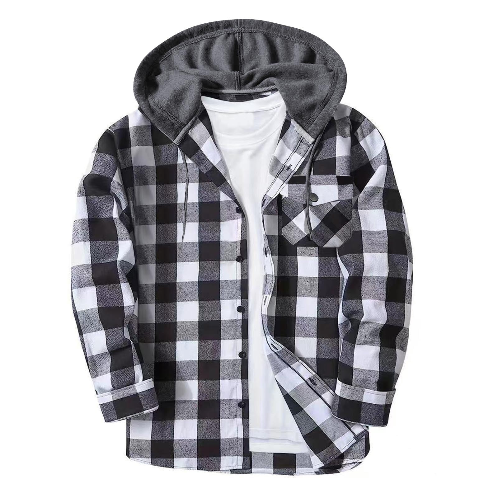 Caywon Men's Hooded Button-Down Plaid Shirt with Chest Pocket and ...