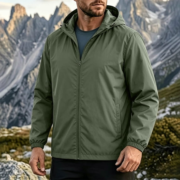 Caywon Men's Lightweight Waterproof Windbreaker Jacket with Hood and Zipper Pockets, Packable Long Sleeve Rain Coat for Hiking Travel and Outdoor Sports