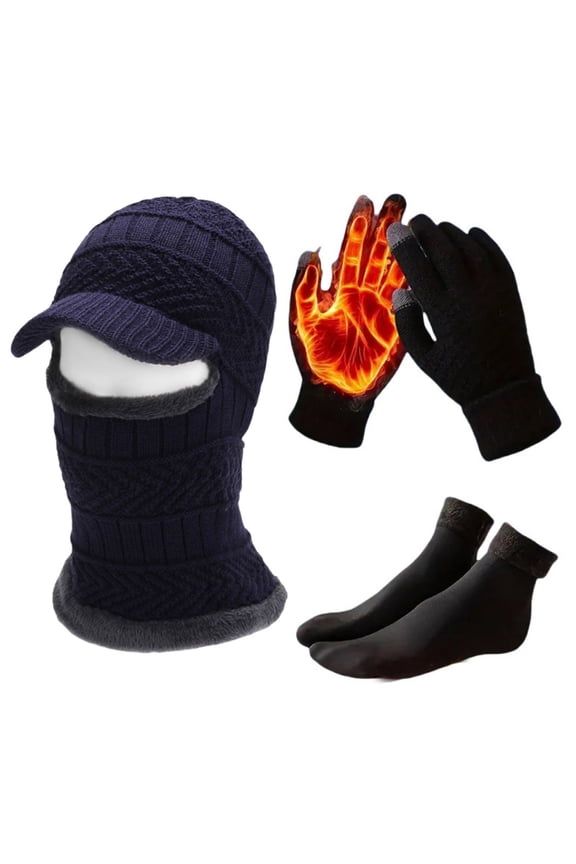 Men's Pullover Hat Winter Neck Gaiter Integrated Hat Fleece Lined Women's Warm Wool Knitted Hat Touchscreen Gloves 3-in-1 Set Fleece Lining