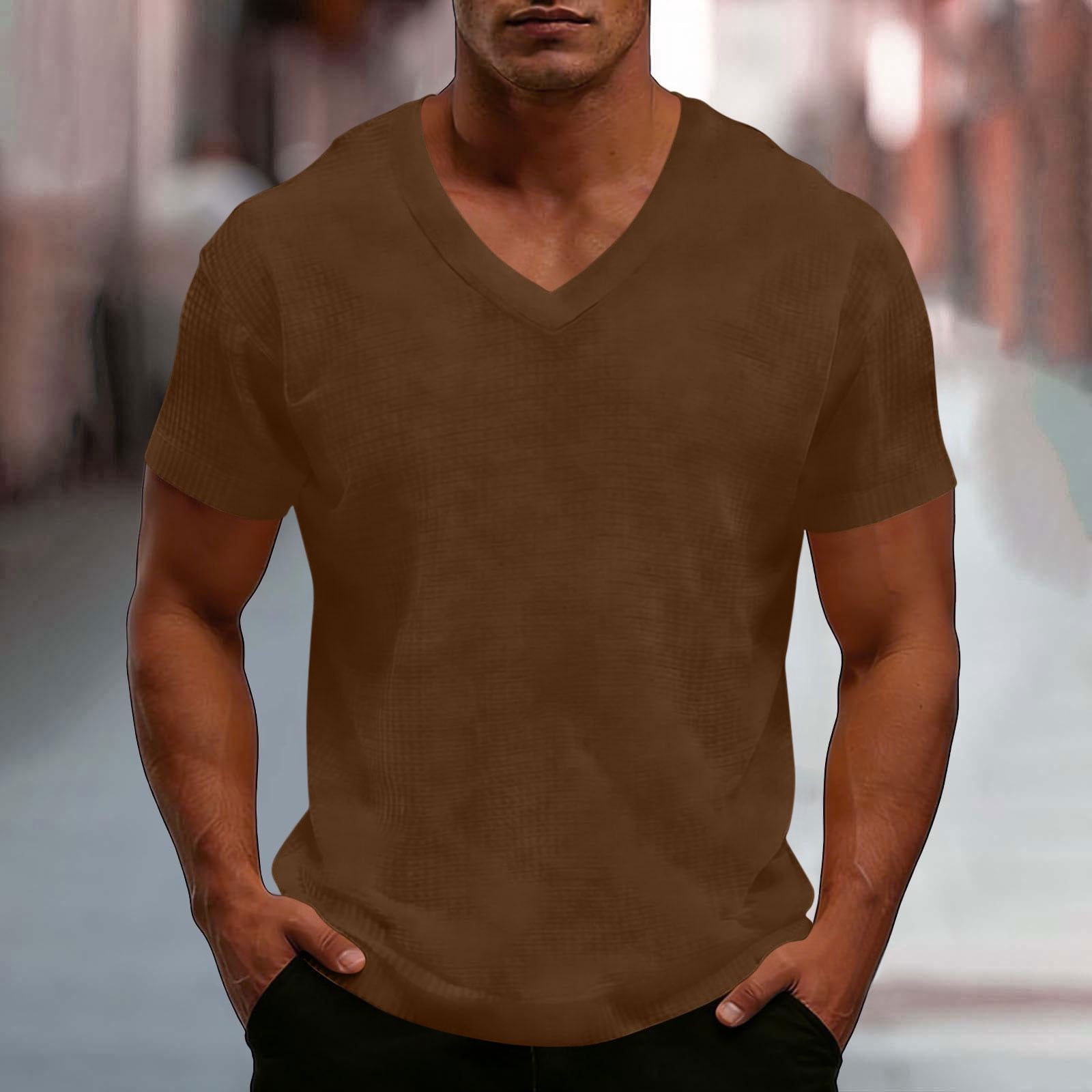 Caywon Men's Short Sleeve V-Neck HONEYCOMB Knit Tee with Chest Pocket ...