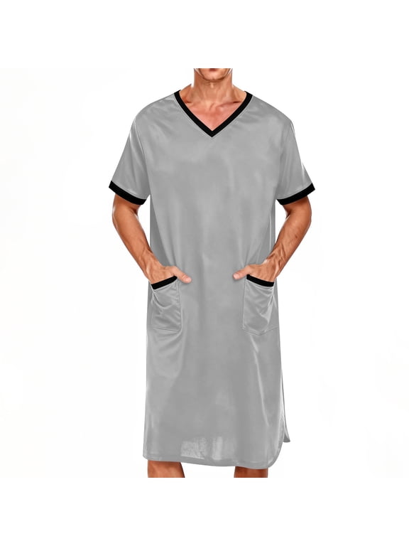 Men's Short Sleeve V-Neck Longline Nightshirt with Contrast Piping BINDING and DOUBLE Front Patch Pockets LOOSE cut Loose SHAPE Casual Home Daily Wear Unwindwear Gown Tunic Top