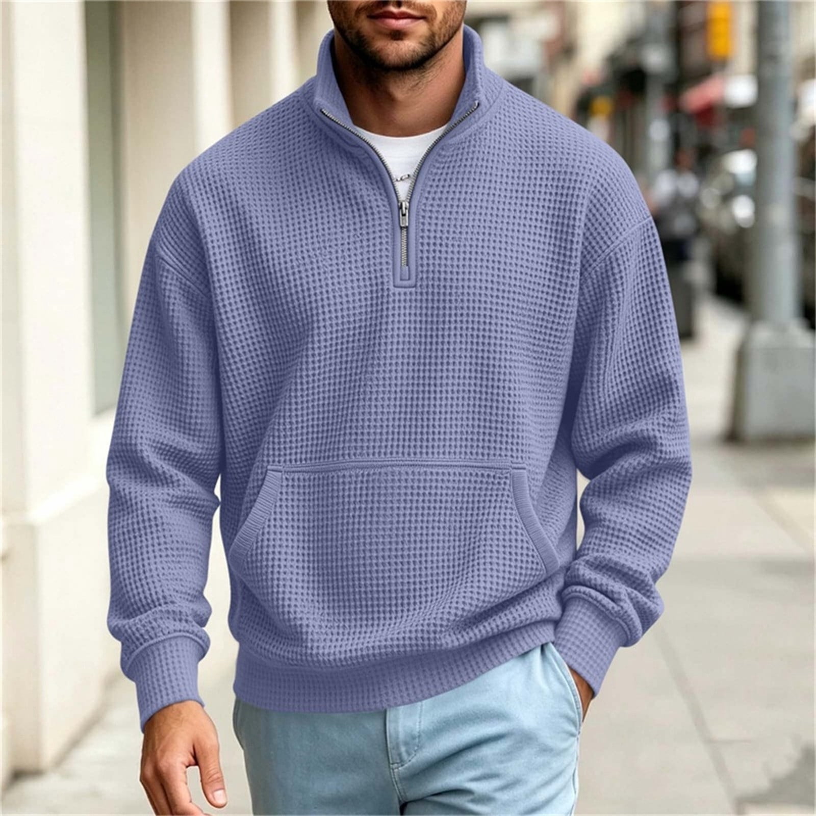 Caywon Men's Sweatshirt, Half Zip High Neck Waffle Knit with Pockets ...