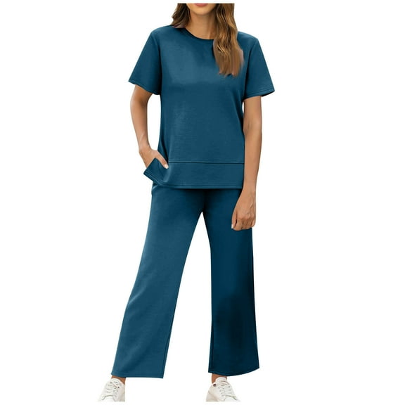 Caywon Modern Womens Matching Two Piece Set Fashion Solid Color Round Neck Short Sleeve Blouse Top Side Split Detail Coordinated Trousers Fashion Outfit Navy M