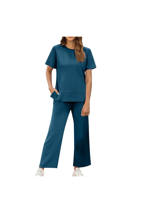 Modern Womens Matching Two Piece Set Fashion Solid Color Round Neck Short Sleeve Blouse Top Side Split Detail Coordinated Trousers Fashion Outfit Navy XL