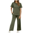 thumbnail image 1 of Caywon Modern Womens Matching Two Piece Set Fashion Solid Color Round Neck Short Sleeve Blouse Top Side Split Detail Coordinated Trousers Fashion Outfit Army Green XL, 1 of 5