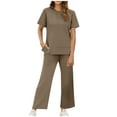 thumbnail image 1 of Caywon Modern Womens Matching Two Piece Set Fashion Solid Color Round Neck Short Sleeve Blouse Top Side Split Detail Coordinated Trousers Fashion Outfit Khaki XXL, 1 of 5