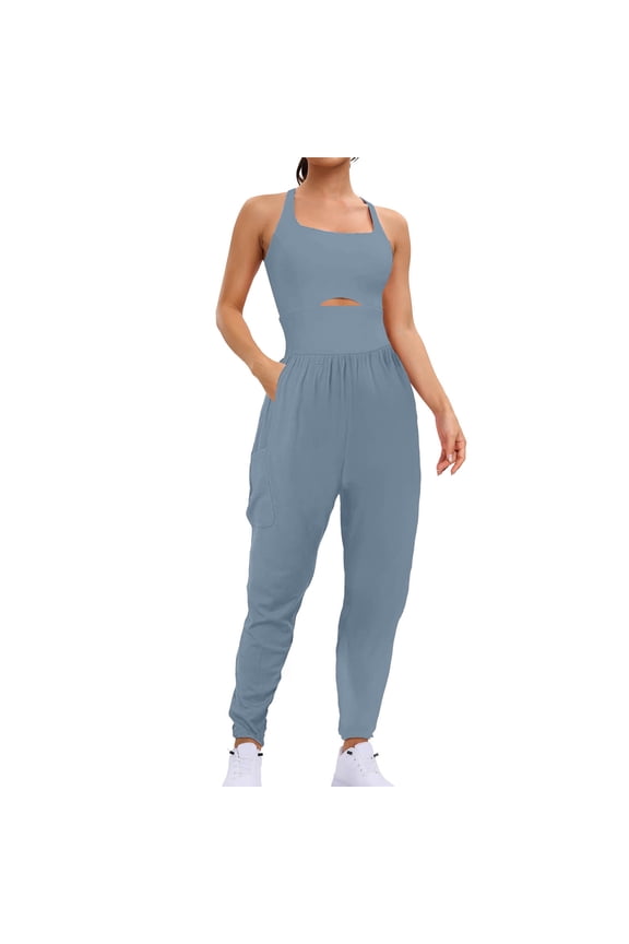 Moisture Wicking Womens Running One Piece Workout Romper Exercise Jumpsuit Gym Yoga Activewear Comfortable Stretch Fabric Light Blue M
