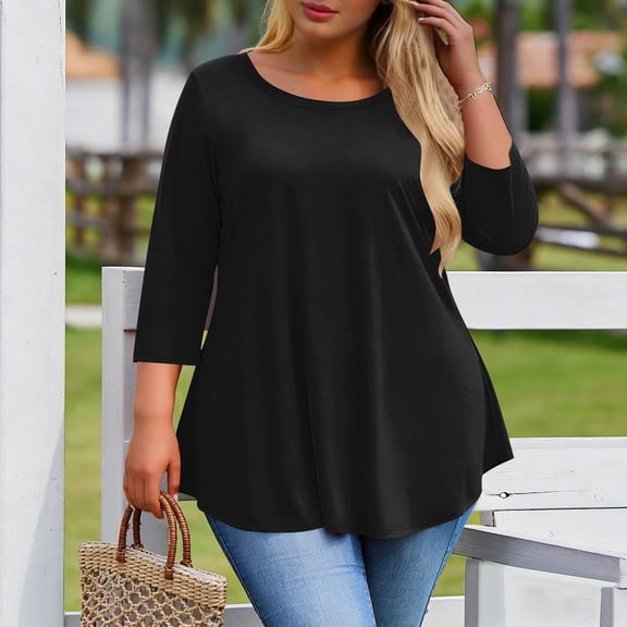 Caywon Plus Size Tunic V-Neck Three Quarter Sleeve Womens Top Solid Color Loose Blouse Shirt Style Comfortable Fit Soft Fabric for Casual Wear Black 2XL