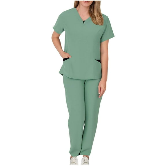 Caywon Practical Womens Workwear Matching Set Solid Color Pocket Detail Drawstring Waist Trousers Short Sleeve V Neckline Top Durable Fabric Functional Outfit Task Appropriate Attire Green M