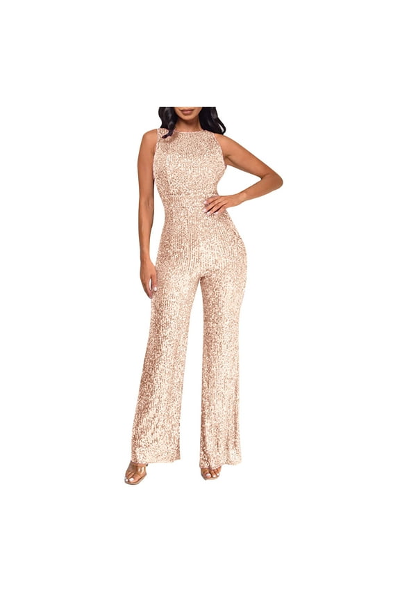 Round Neck Variation Womens Off Shoulder Sequin Romper High Waisted Sleeveless Slim Long Leg Design Solid Color Sparkling Evening Wear Rose Gold 2XL