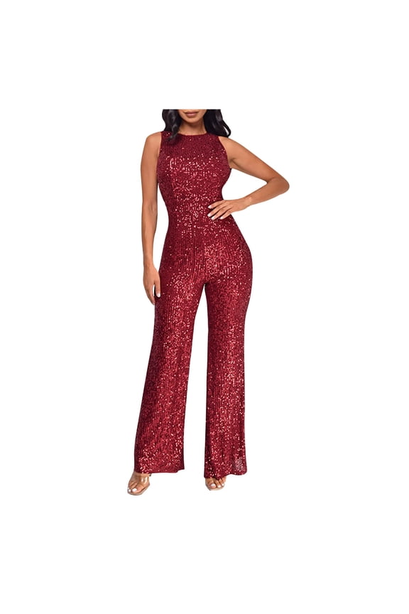 Round Neck Variation Womens Off Shoulder Sequin Romper High Waisted Sleeveless Slim Long Leg Design Solid Color Sparkling Evening Wear Wine 2XL