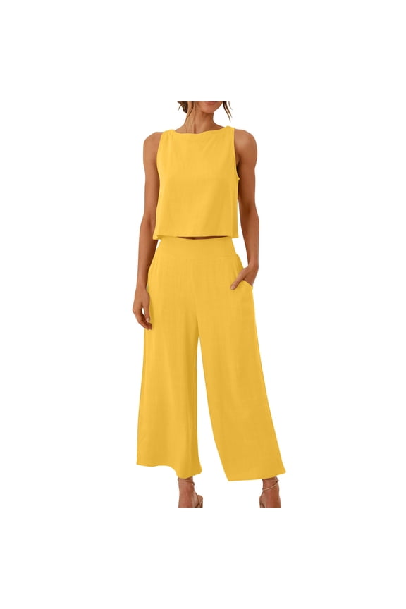 Shorts Sets Women 2 Piece Outfits Summer Women Sleeveless Crop Tank Top and Wide Leg Pants Set Exposed Midriff Side Pocket Casual Yellow2# XXXL