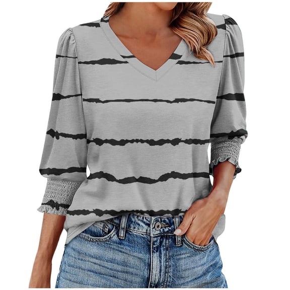 Caywon Stripe Tops Three Quarter Sleeve Round Neck Womens Blouses Casual Fashion Comfortable Shirts Style Soft Fabric Versatile Gray S