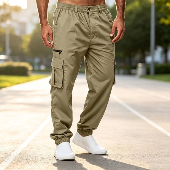 Caywon Stylish Men's Cargo Jogger Pants with Elastic Waist and Multiple Pockets, Loose Fit Outdoor Trousers for Spring and Fall