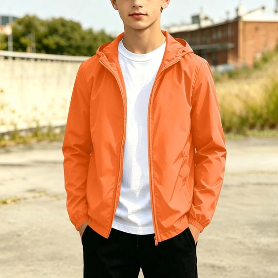 Caywon Teens Hooded Long Sleeve Jacket, Waterproof Windbreaker Coat, Solid Color Casual Outdoor Sports Blouse, Perfect for Youth Ages 12 to 20