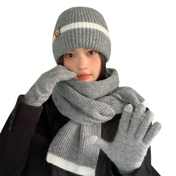 Caywon Unisex Autumn Winter Wool Set Color Block Knitted Thick Warm Hat Scarf Gloves 3-Piece Cold Weather Accessories Daily Outdoor Use Cozy Stylish