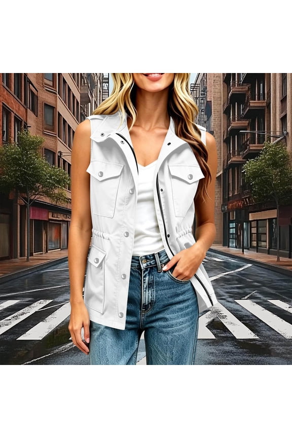 Utility Women's Drawstring Waist Vest with Multiple Flap Pockets, Sleeveless Full Zipper Cargo Vest for Fall and Spring Outdoor Wear