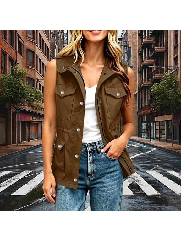 Utility Women's Drawstring Waist Vest with Multiple Flap Pockets, Sleeveless Full Zipper Cargo Vest for Fall and Spring Outdoor Wear