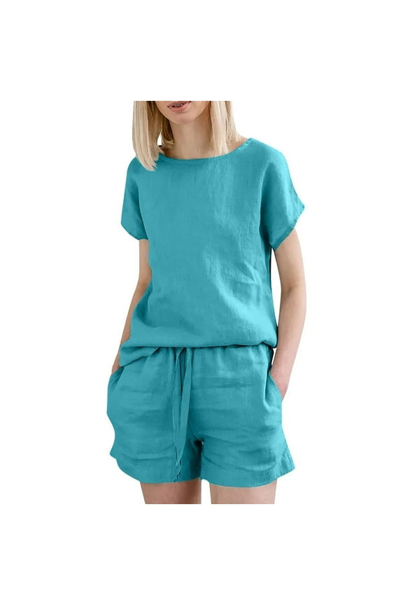 Versatile Womens Two Piece Set Fashion Short Sleeve Tee Top Coordinated Above Knee Length Pant Casual Coordinated Outfit Convenient Pockets Daywear Sky Blue XXL