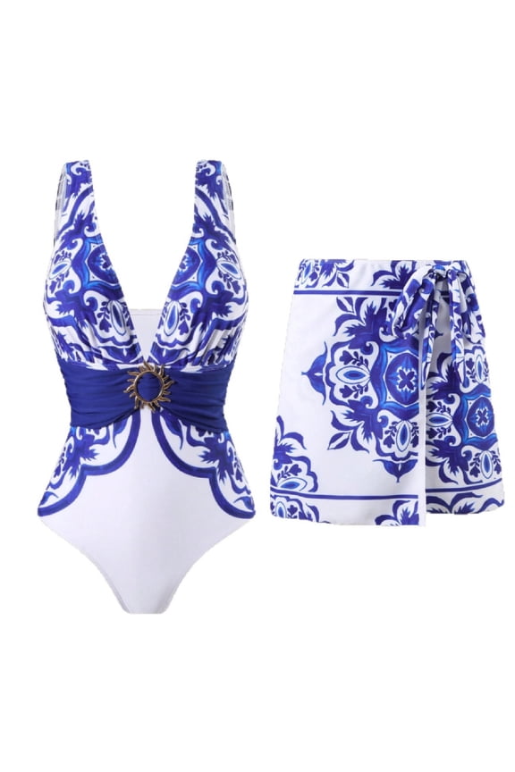 Vintage Print Swimwear,Form-Fitting One-Piece with Adjustable, Deep V-Neck One-Piece Ideal for Curvy Figures and Tropical Vacations